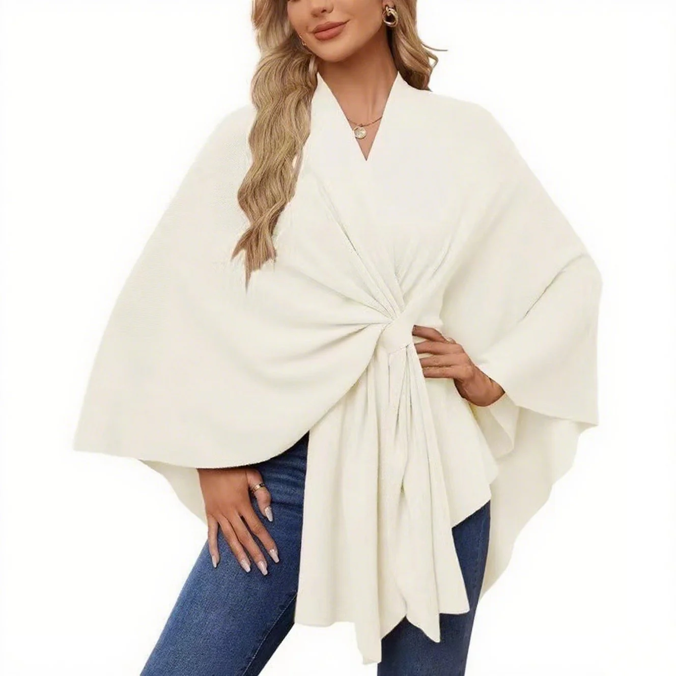Elegant Shawl Wraps Soft Open Front Poncho Sweater - Image 4