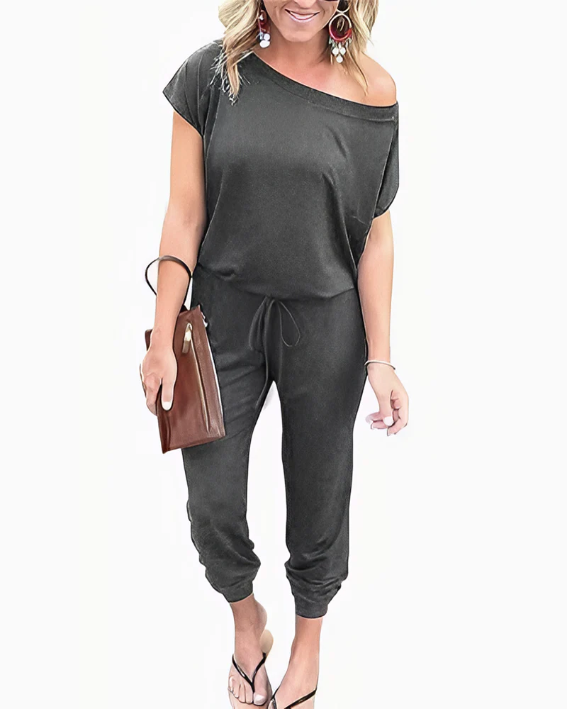 Off-Shoulder Short Sleeve Beam Foot Jumpsuit - Image 12