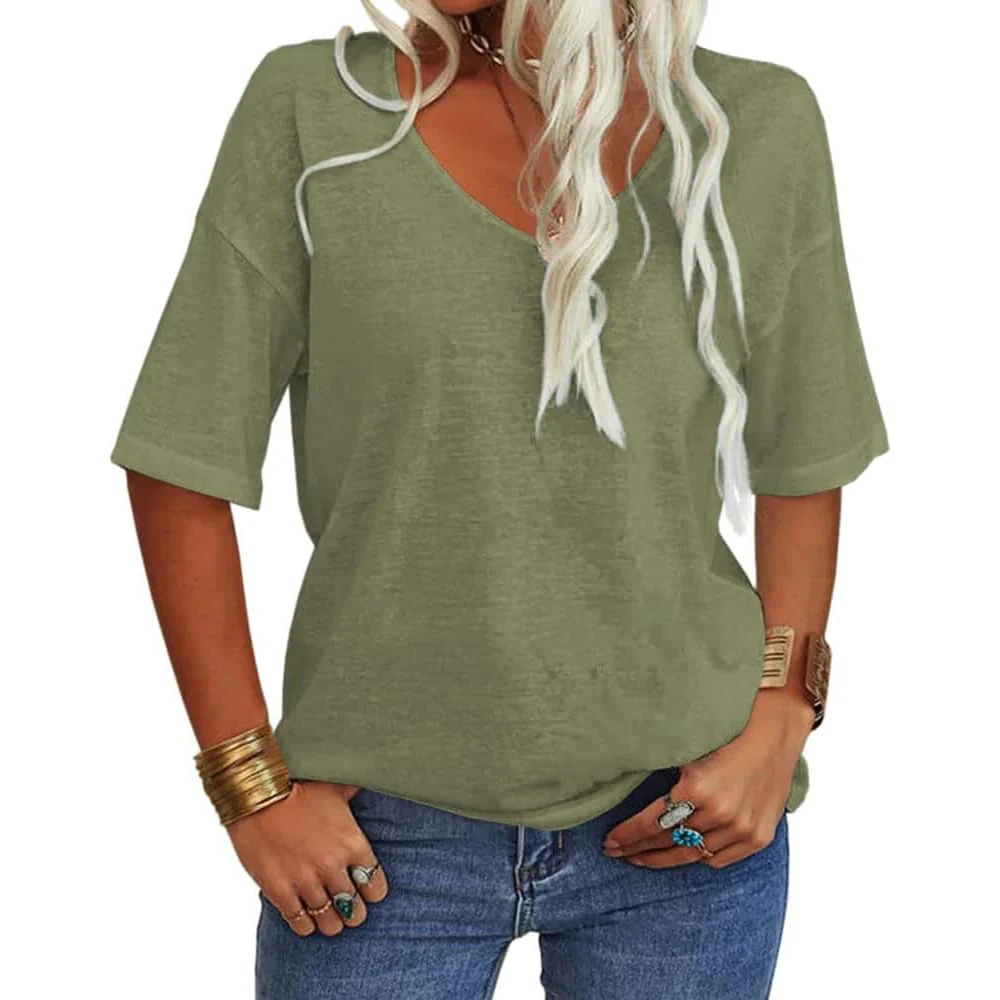 Women's Solid Color V-Neck T-shirt - Image 10
