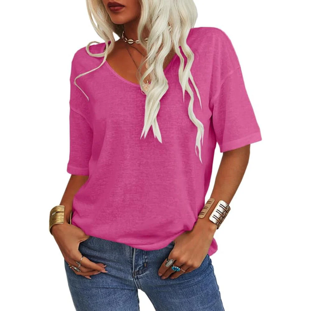 Women's Solid Color V-Neck T-shirt - Image 5