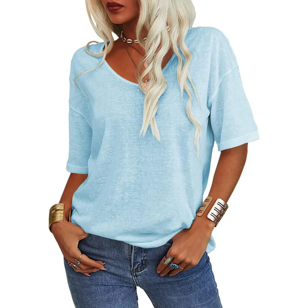 Women's Solid Color V-Neck T-shirt - Image 7