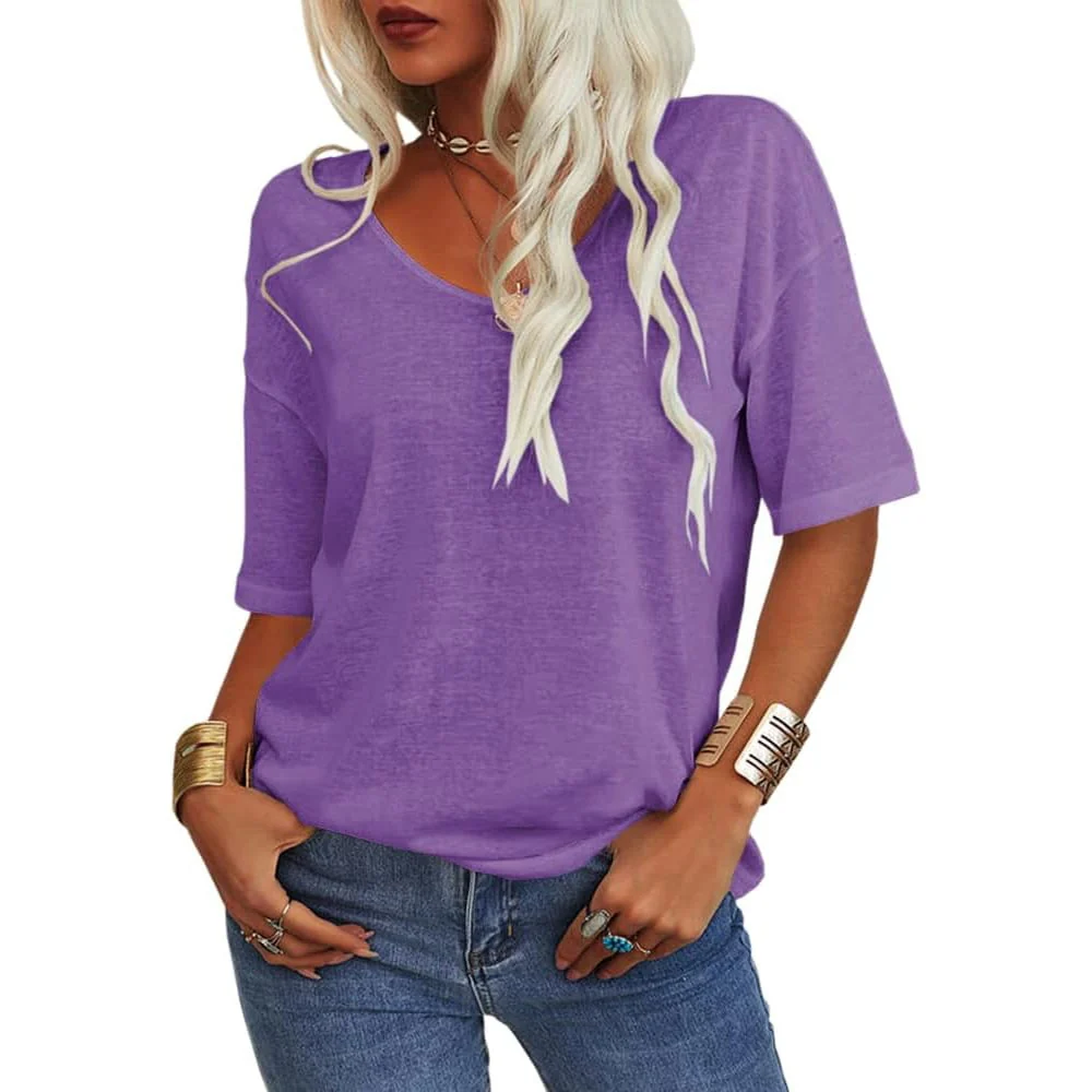 Women's Solid Color V-Neck T-shirt - Image 8