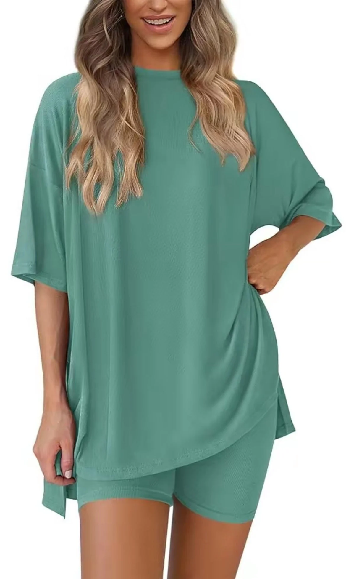 Casual Oversized 2-Piece Lounge Set with Crewneck & Split Hem - Image 11