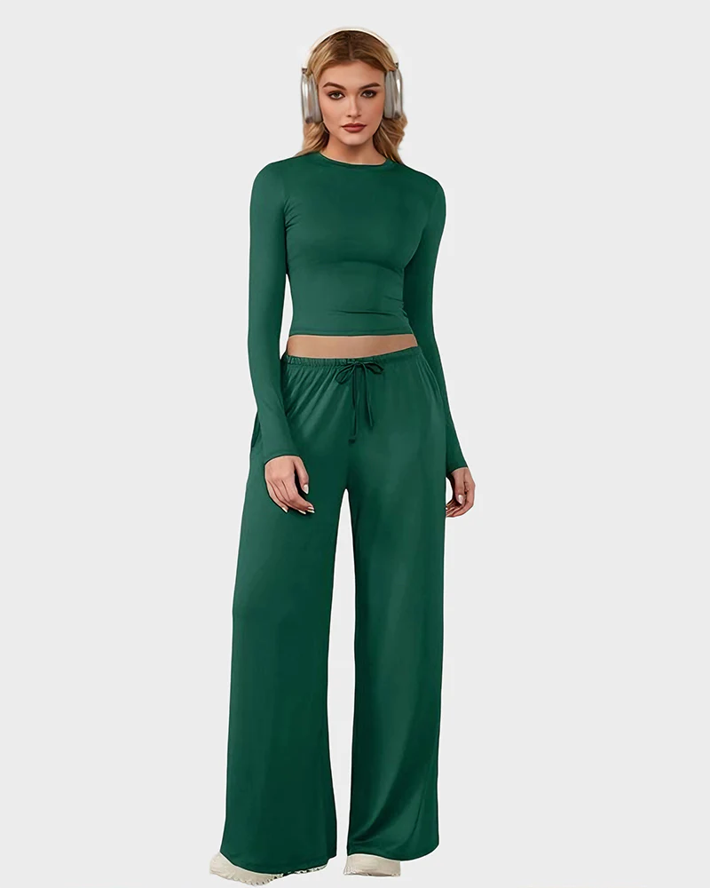 Wide-Leg Lounge Set for Women Stretchy Crop Top & Pants - Image 6