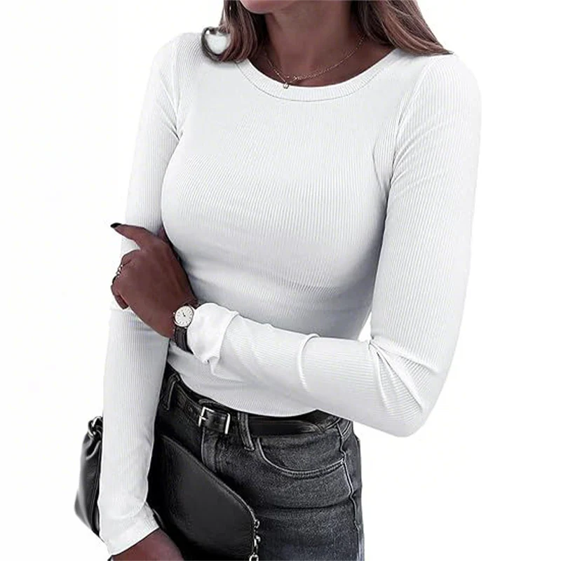 Women Long Sleeve Crewneck Rib Knit Slim Fit Shirts Basic Tee Tops - Image 5
