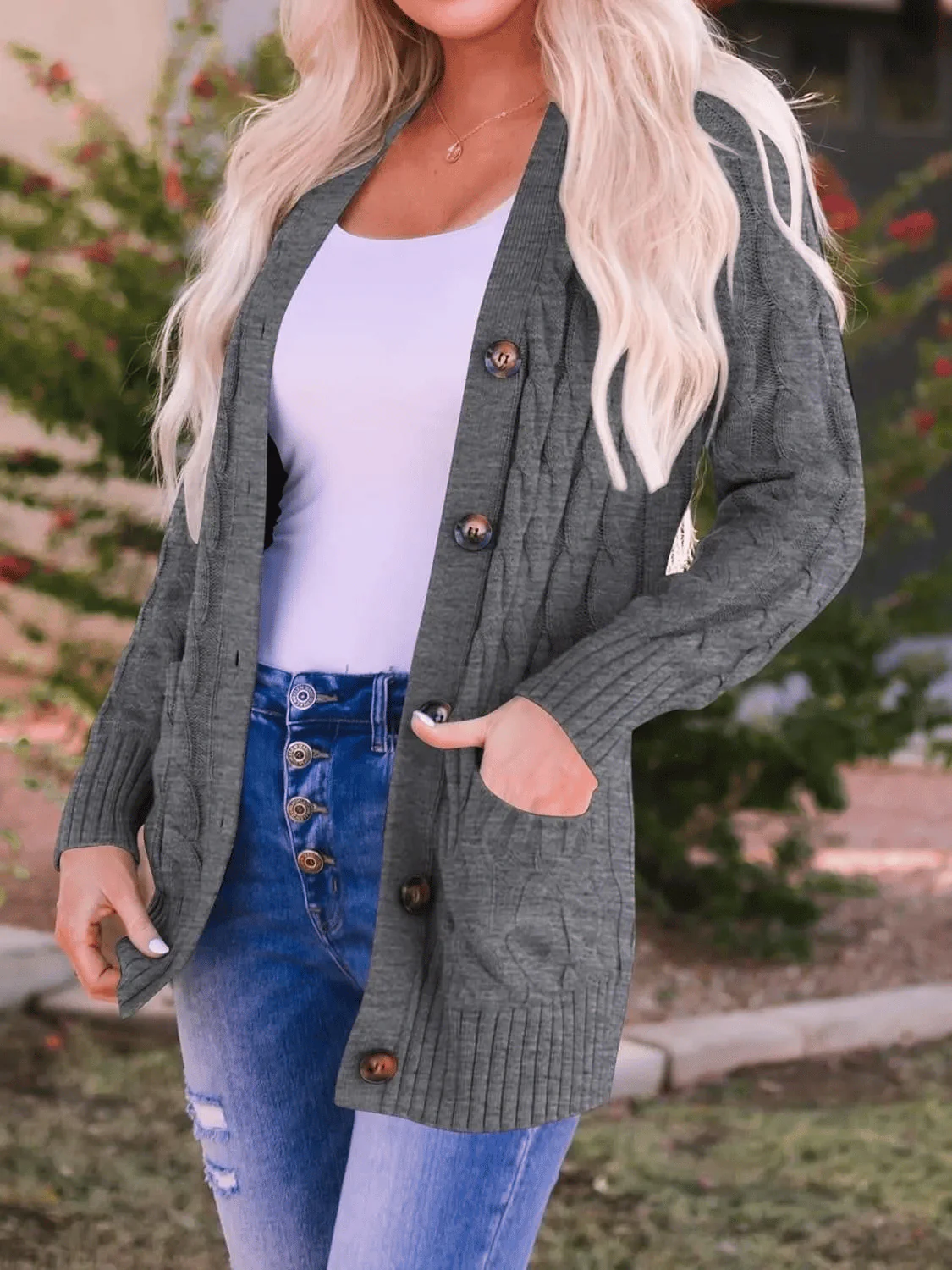 Women's Fall Casual Long Sleeve Button Down Open Front Cable Knit Cardigan - Image 11
