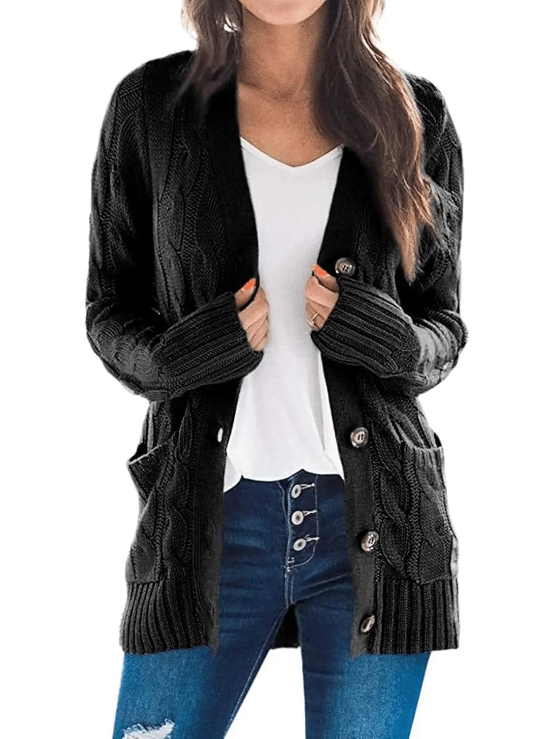 Women's Fall Casual Long Sleeve Button Down Open Front Cable Knit Cardigan - Image 13