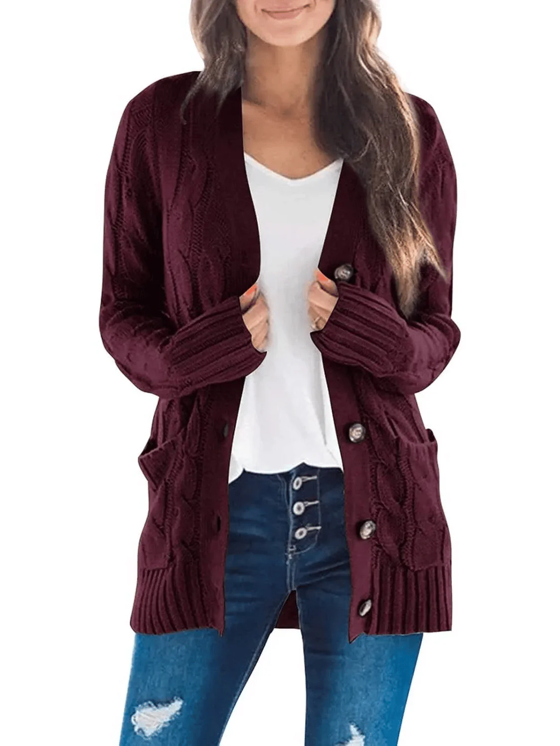 Women's Fall Casual Long Sleeve Button Down Open Front Cable Knit Cardigan - Image 15