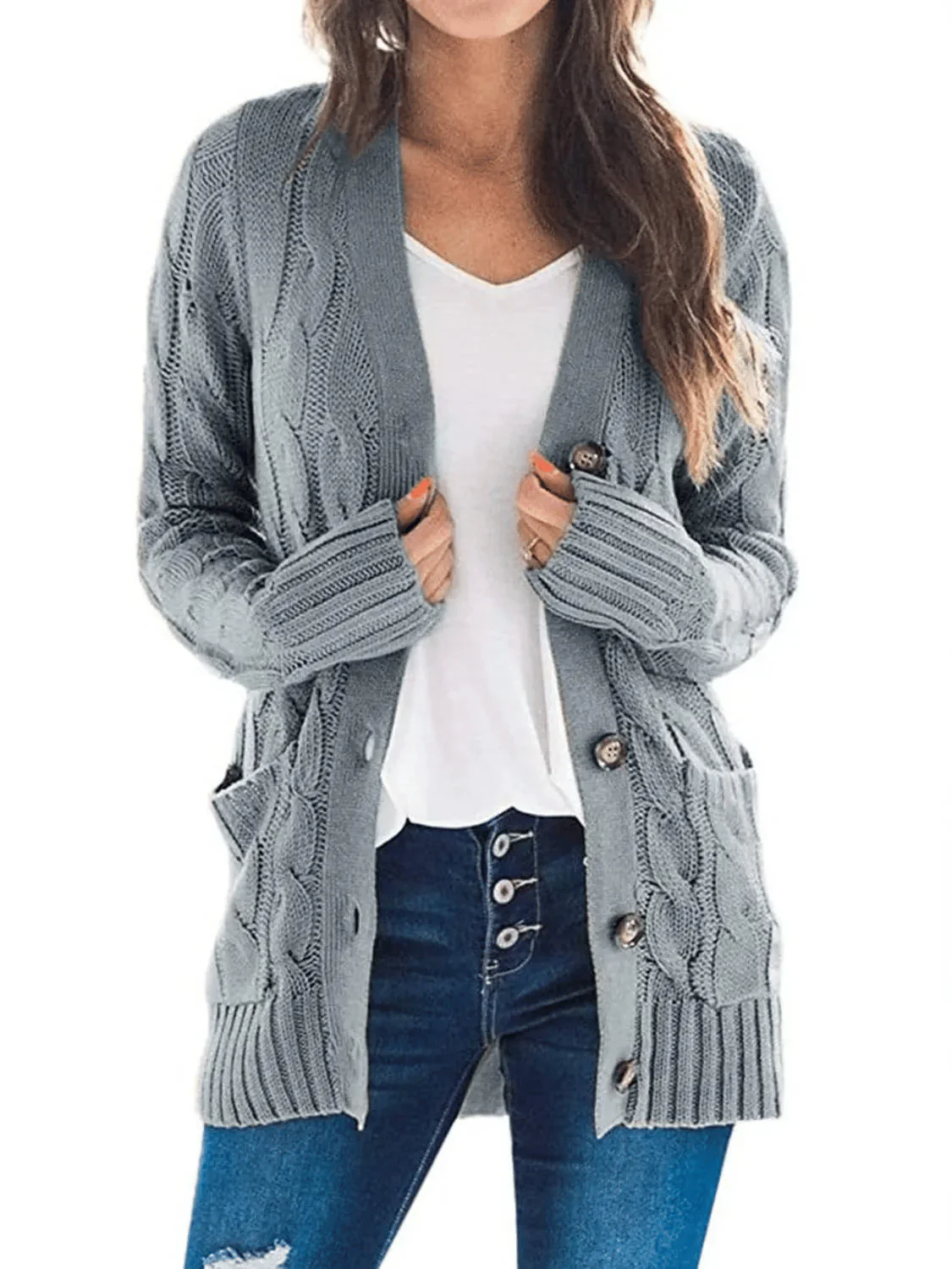 Women's Fall Casual Long Sleeve Button Down Open Front Cable Knit Cardigan - Image 16