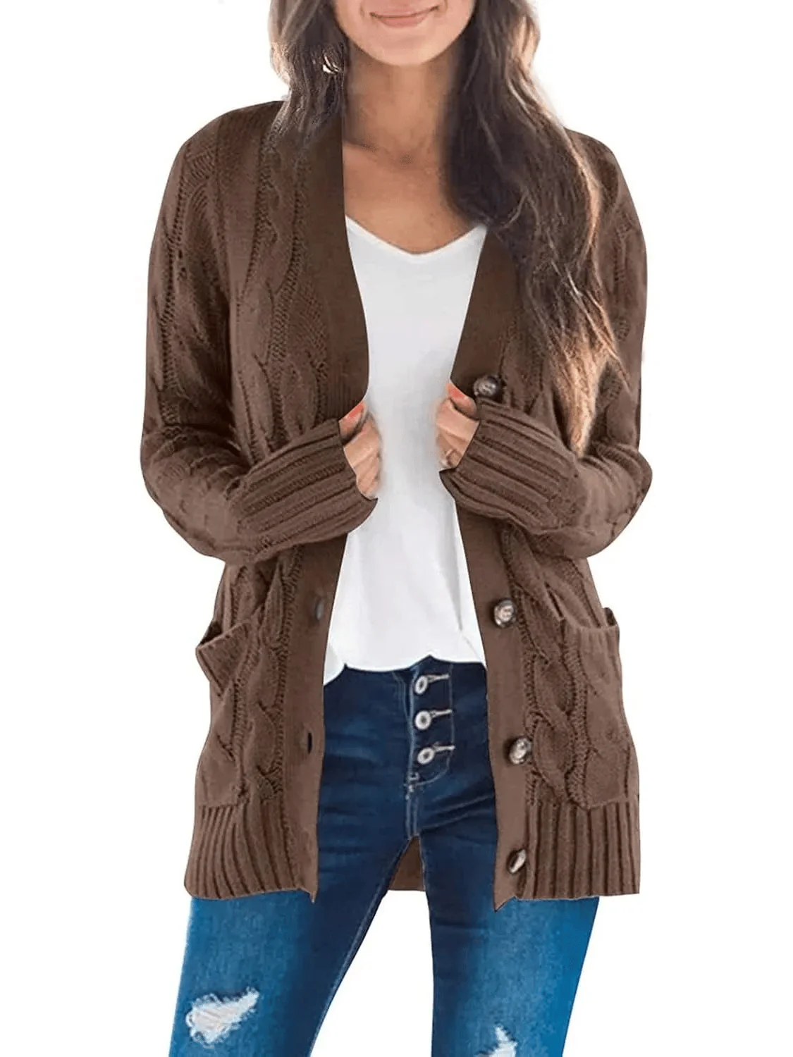 Women's Fall Casual Long Sleeve Button Down Open Front Cable Knit Cardigan - Image 20