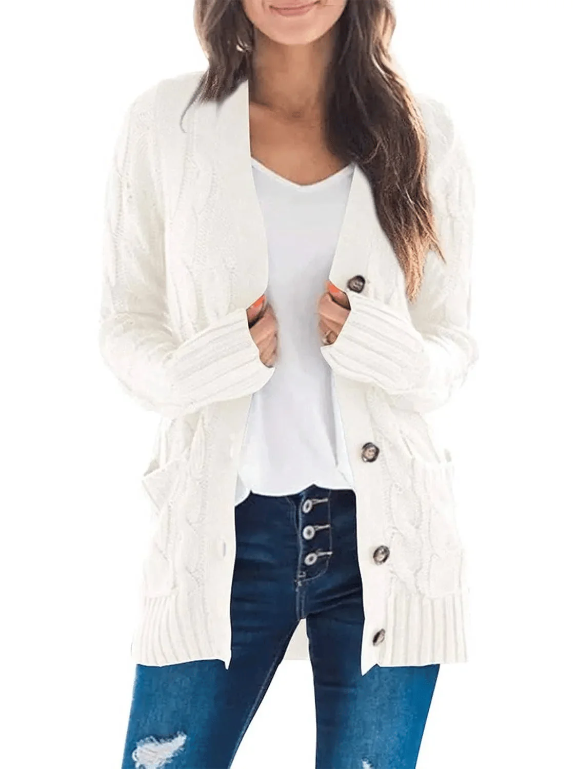 Women's Fall Casual Long Sleeve Button Down Open Front Cable Knit Cardigan - Image 4