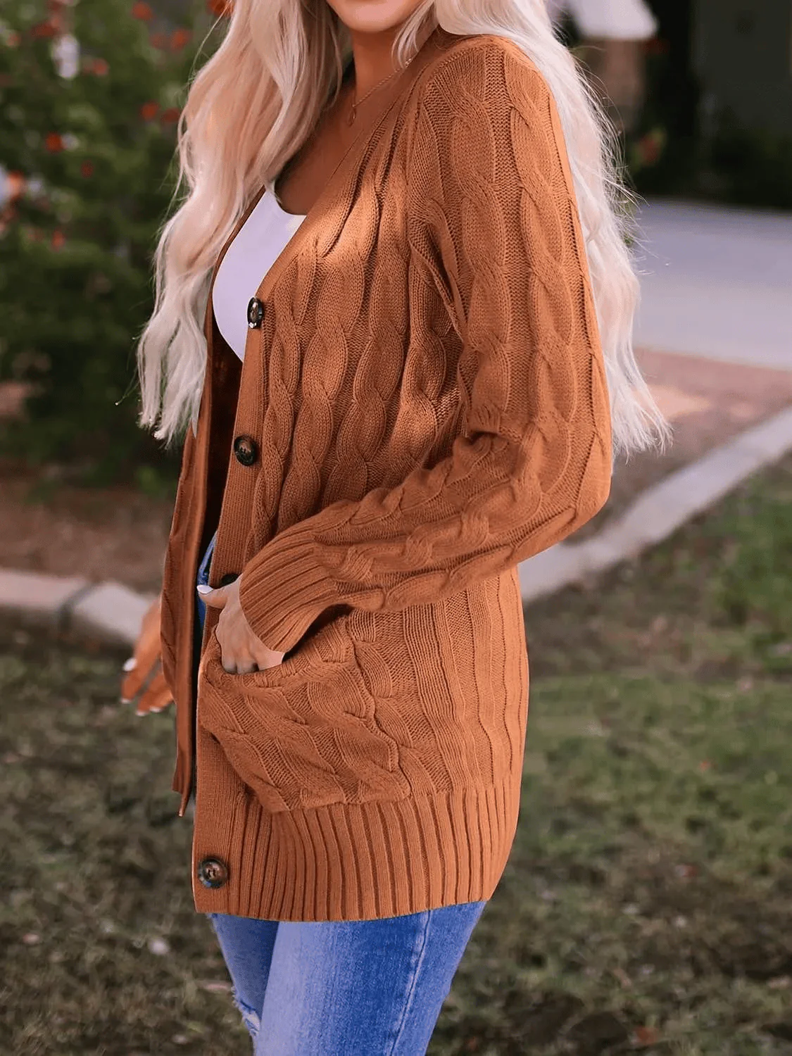 Women's Fall Casual Long Sleeve Button Down Open Front Cable Knit Cardigan - Image 7
