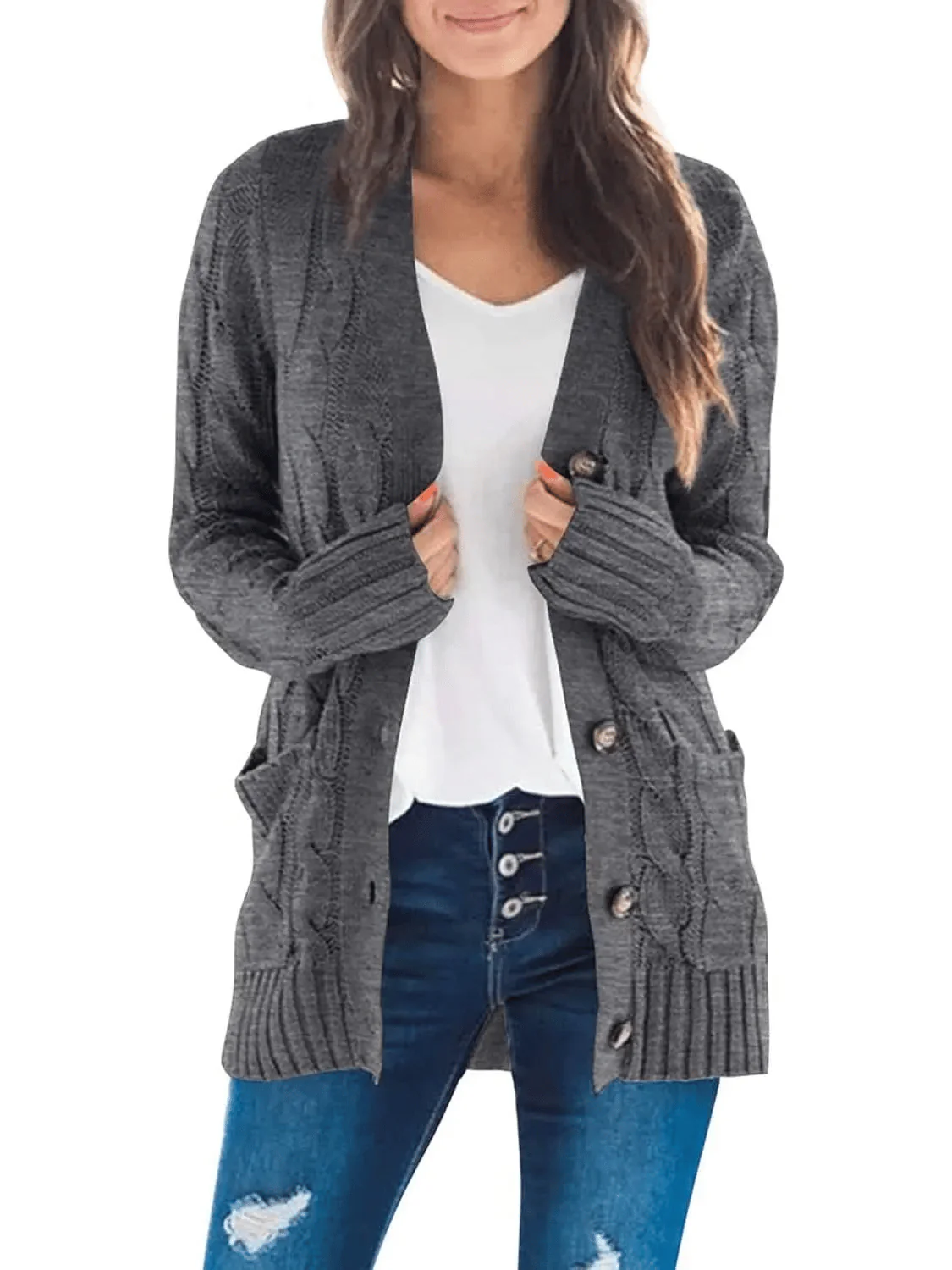 Women's Fall Casual Long Sleeve Button Down Open Front Cable Knit Cardigan - Image 9