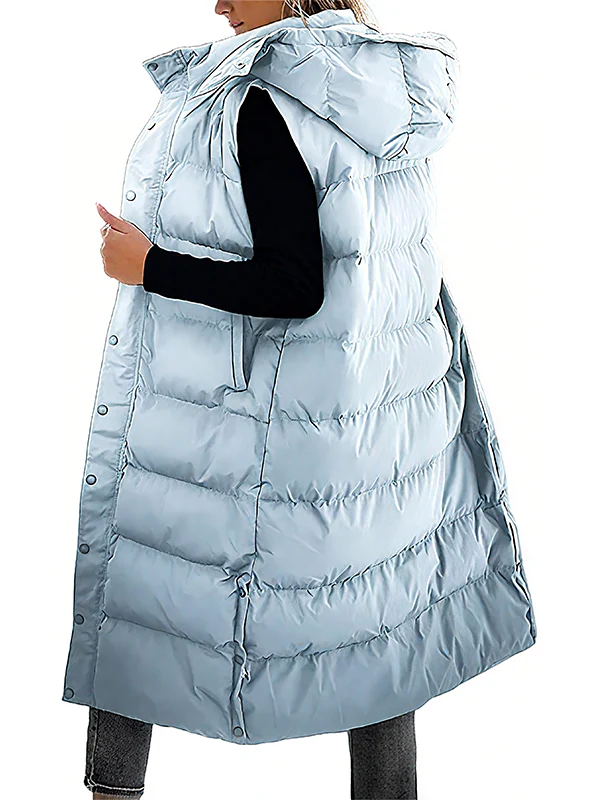 Women's Long Puffer Vest | Quilted Hood & Button Closure - Image 11