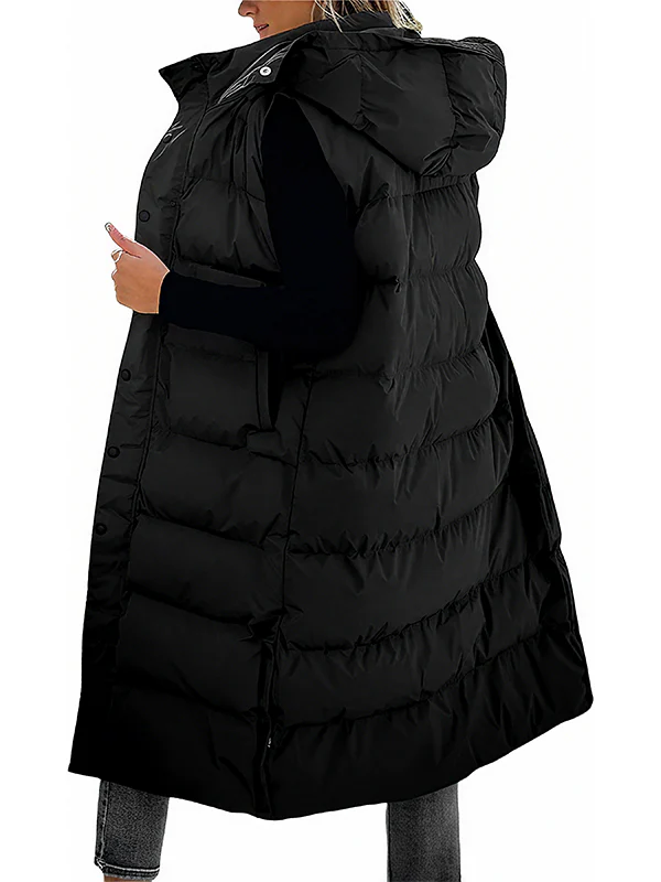Women's Long Puffer Vest | Quilted Hood & Button Closure - Image 15
