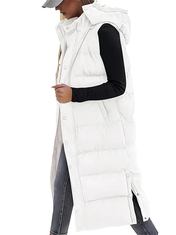 Women's Long Puffer Vest | Quilted Hood & Button Closure - Image 5