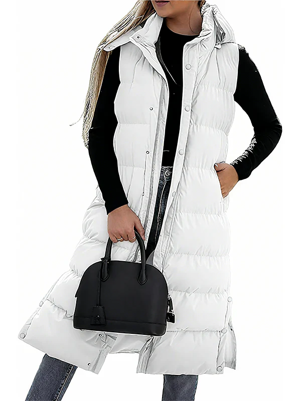 Women's Long Puffer Vest | Quilted Hood & Button Closure - Image 7