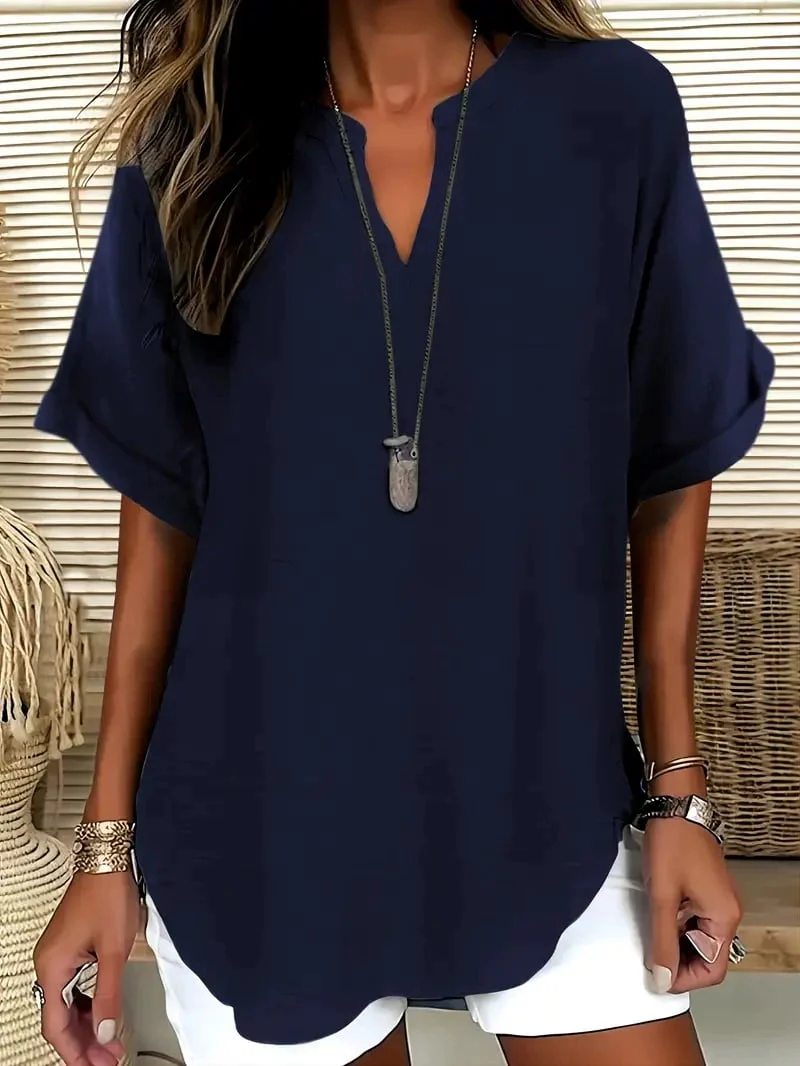 Women's Plain Shortsleeve Blouse, Casual Solid Color Top for Daily Wear, Ladies Clothes for All Seasons - Image 3