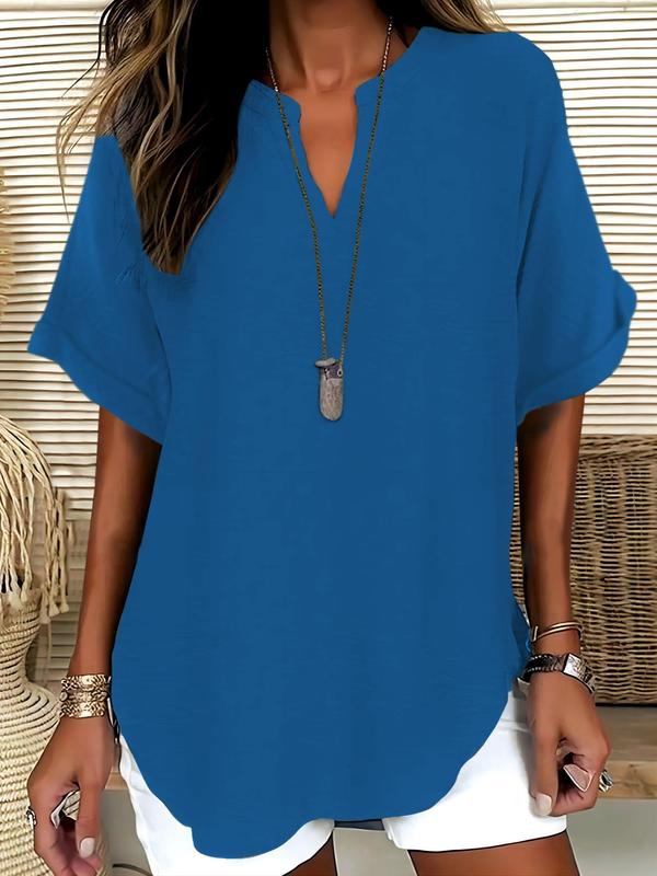 Women's Plain Shortsleeve Blouse, Casual Solid Color Top for Daily Wear, Ladies Clothes for All Seasons - Image 5