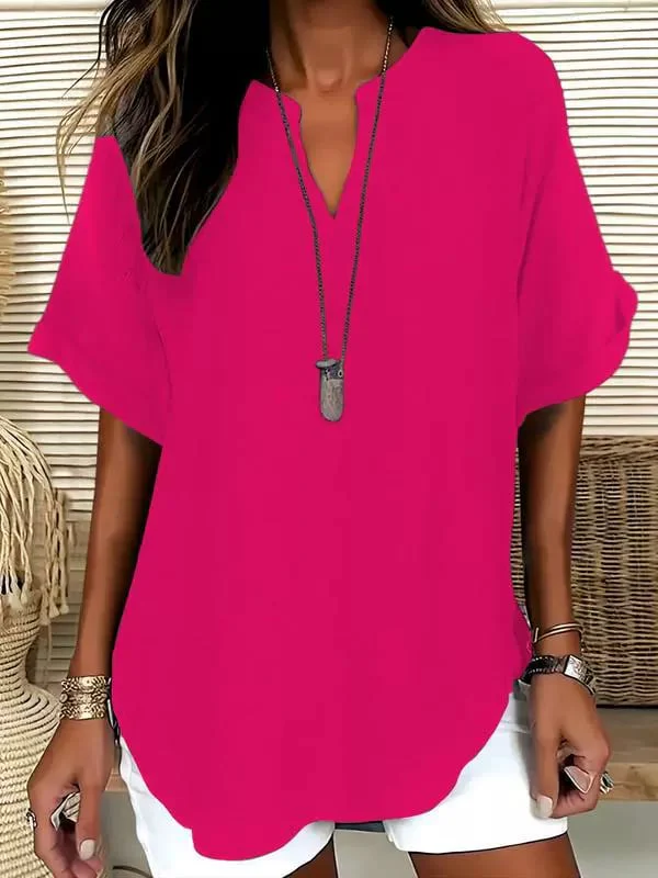 Women's Plain Shortsleeve Blouse, Casual Solid Color Top for Daily Wear, Ladies Clothes for All Seasons - Image 7