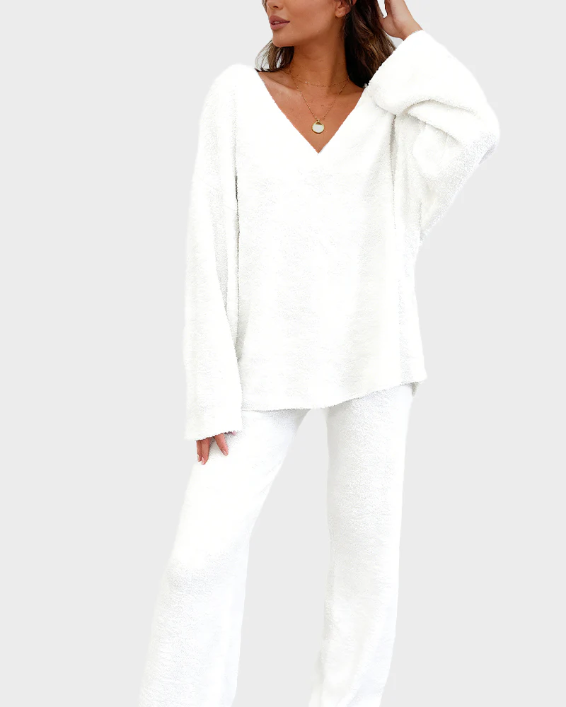 Soft Fuzzy V-Neck Loungewear Set - Image 2