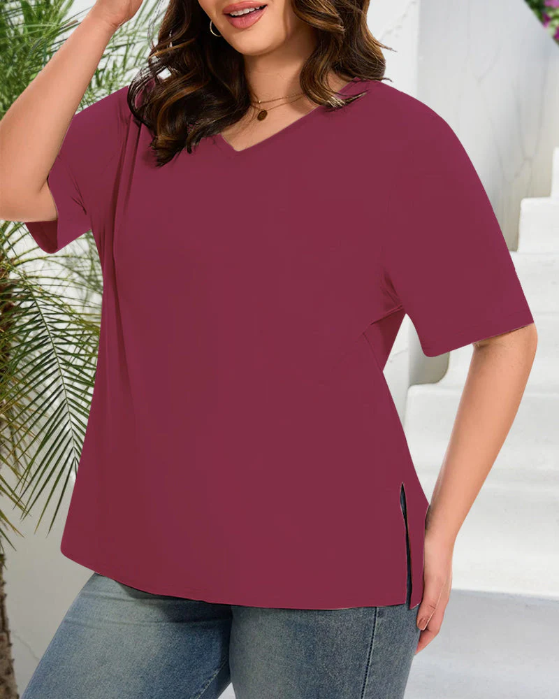 Women's Plus Size Basic Sleeve V-Neck T-Shirts - Image 12