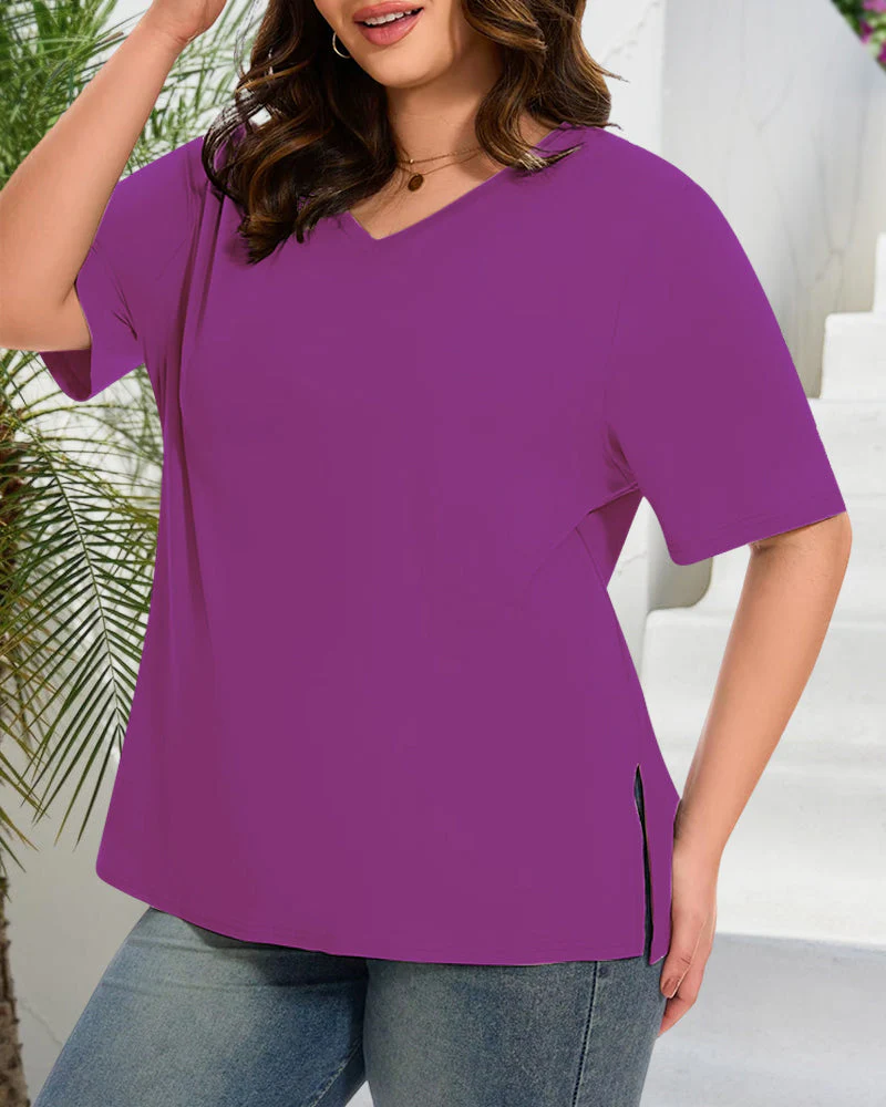 Women's Plus Size Basic Sleeve V-Neck T-Shirts - Image 16