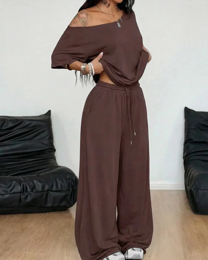 Women's Off-Shoulder Tee Wide-Leg Pants 2P Set - Image 17