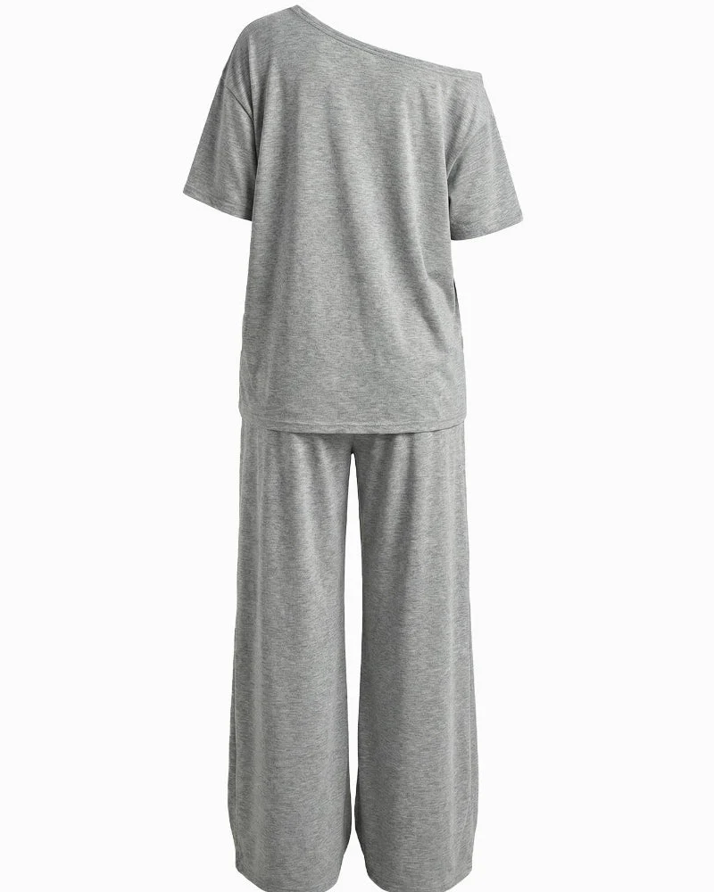 Women's Off-Shoulder Tee Wide-Leg Pants 2P Set - Image 8