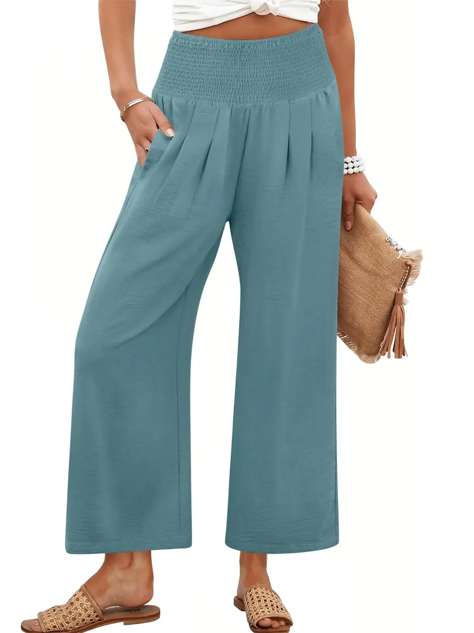 Women's Smocked Waist Wide Leg Palazzo Pants - Image 7