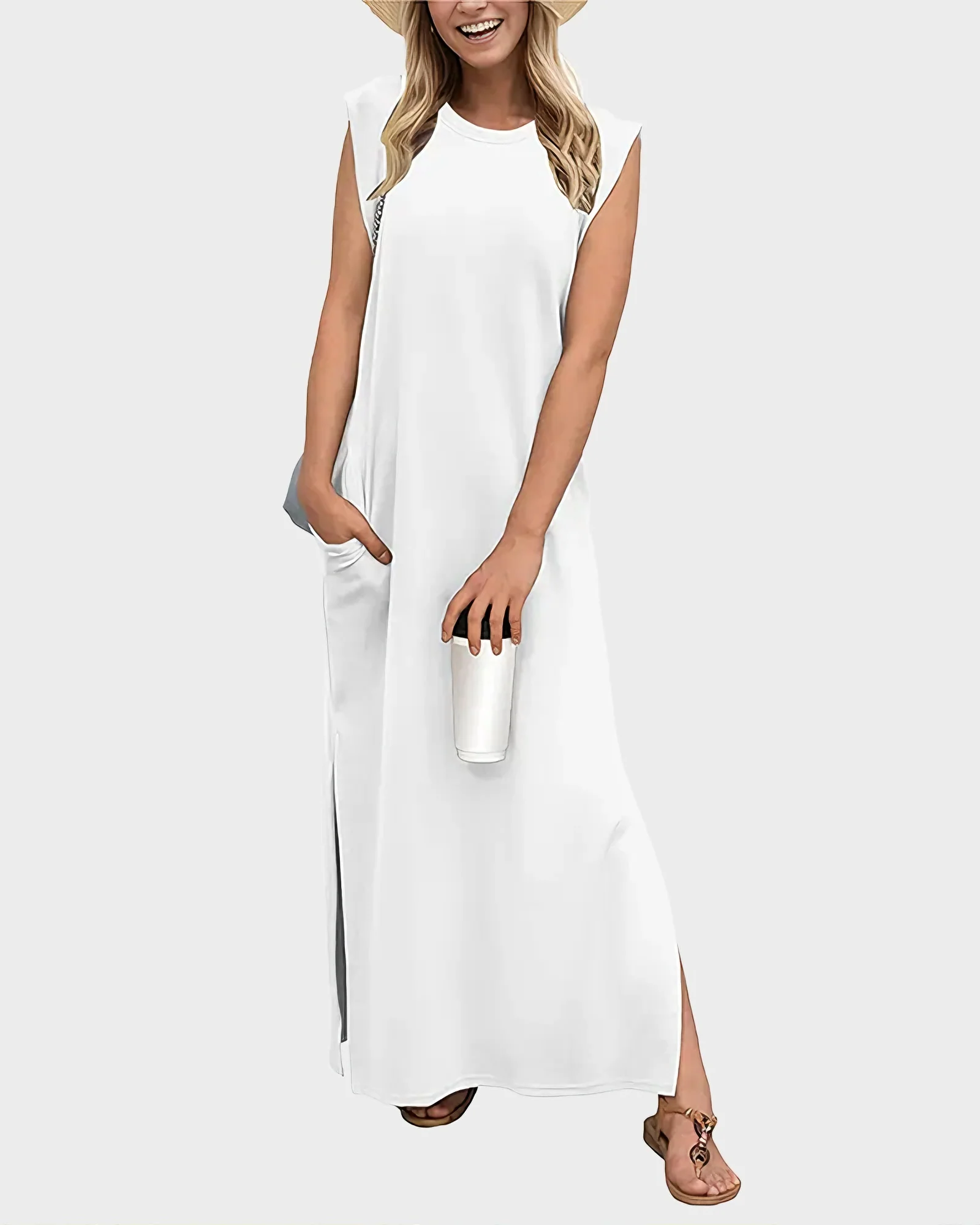 Women's Wrinkle Free Maxi Dress Loose Round Neck Split with Pockets - Image 13