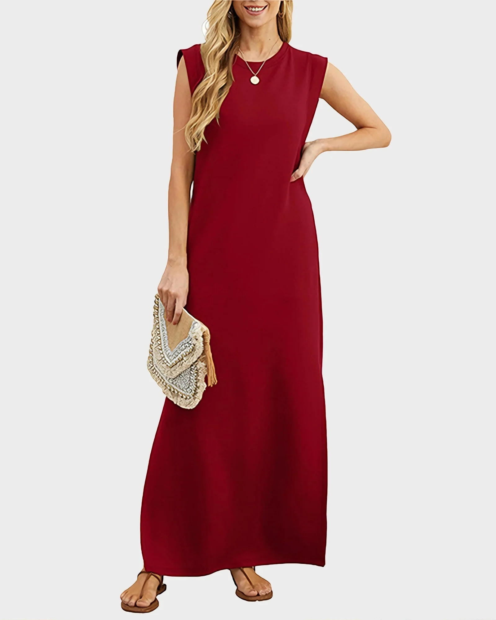 Women's Wrinkle Free Maxi Dress Loose Round Neck Split with Pockets - Image 14