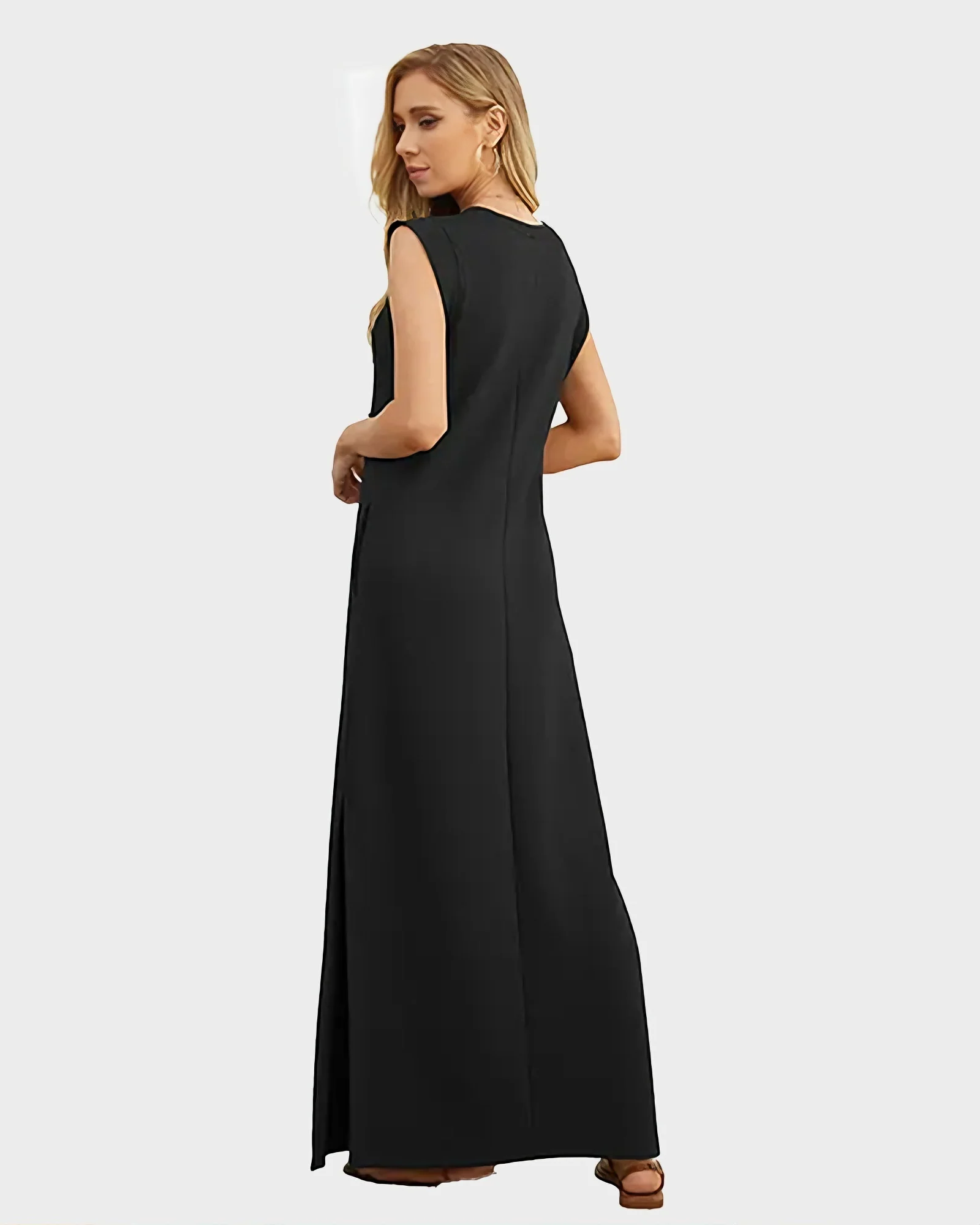 Women's Wrinkle Free Maxi Dress Loose Round Neck Split with Pockets - Image 7
