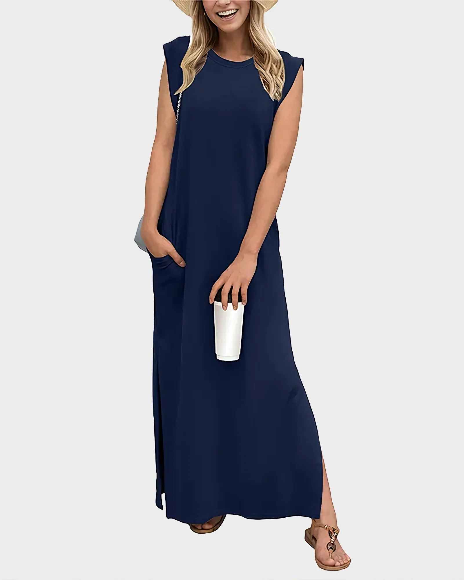 Women's Wrinkle Free Maxi Dress Loose Round Neck Split with Pockets - Image 8