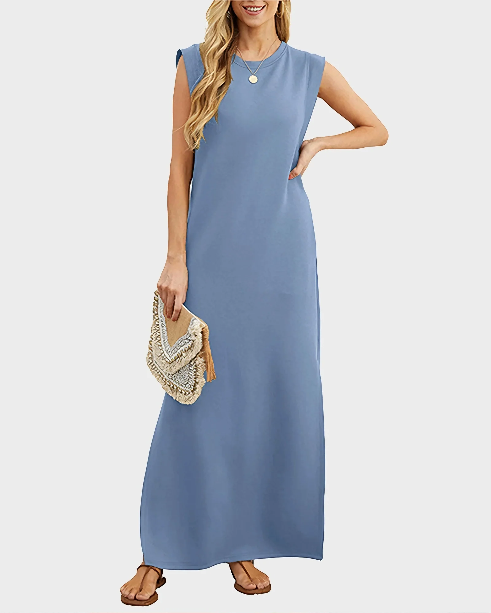 Women's Wrinkle Free Maxi Dress Loose Round Neck Split with Pockets - Image 9